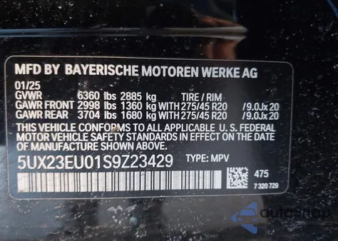 2025 BMW X5 xDrive40I из США, поврежденный, VIN 5UX23EU01S9Z23429